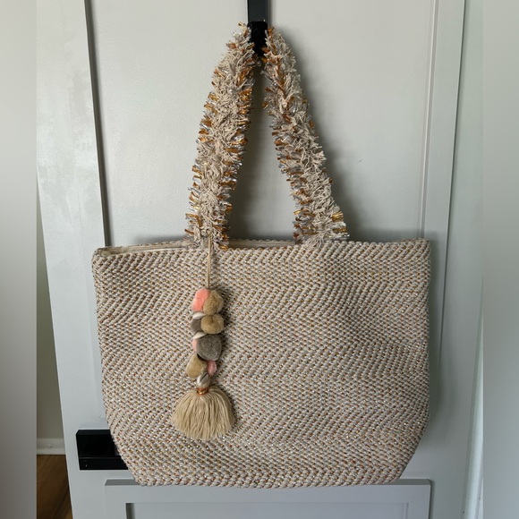 AMERICA & BEYOND. Boho metallic tote bag beach girly neutral straw travel - Picture 1 of 11